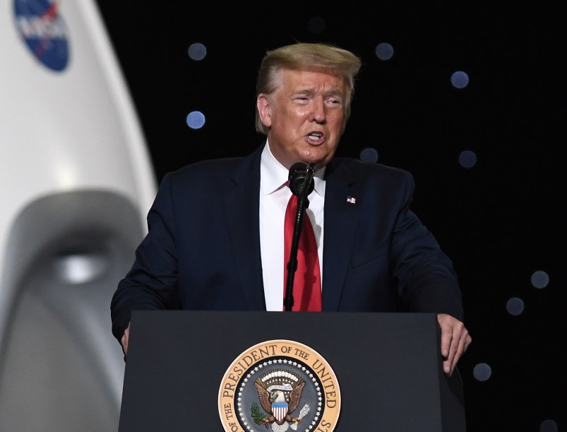 CAPE CANAVERAL, UNITED STATES - 2020/05/30: U.S. President Donald Trump speaks at NASA's Vehicle Assembly Building after watching the successful launch of a Falcon 9 rocket with the Crew Dragon spacecraft from pad 39A at the Kennedy Space Center.NASA astronauts Doug Hurley and Bob Behnken will rendezvous and dock with the International Space Station, becoming the first people to launch into space from American soil since the end of the Space Shuttle program in 2011. (Photo by Paul Hennessy/SOPA Images/LightRocket via Getty Images)