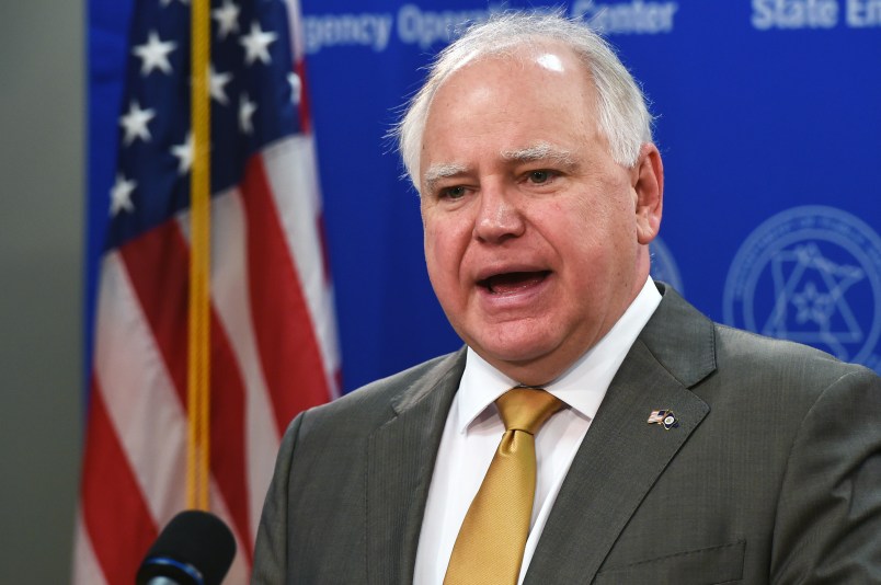 Minnesota Gov. Tim Walz provides an update on the state's response to COVID-19 during a news conference on Monday, April 20, 2020 in St. Paul, Minn. At the news conference, Walz and Ecolab CEO Doug Baker discussed the role of public-private partnerships in MinnesotaÕs fight against COVID-19. (Scott Takushi/ Pioneer Press, Pool)