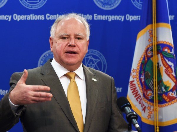 Minnesota Gov. Tim Walz provides an update on the state's response to COVID-19 during a news conference on Monday, April 20, 2020 in St. Paul, Minn. At the news conference, Walz and Ecolab CEO Doug Baker discussed the role of public-private partnerships in MinnesotaÕs fight against COVID-19. (Scott Takushi/ Pioneer Press, Pool)