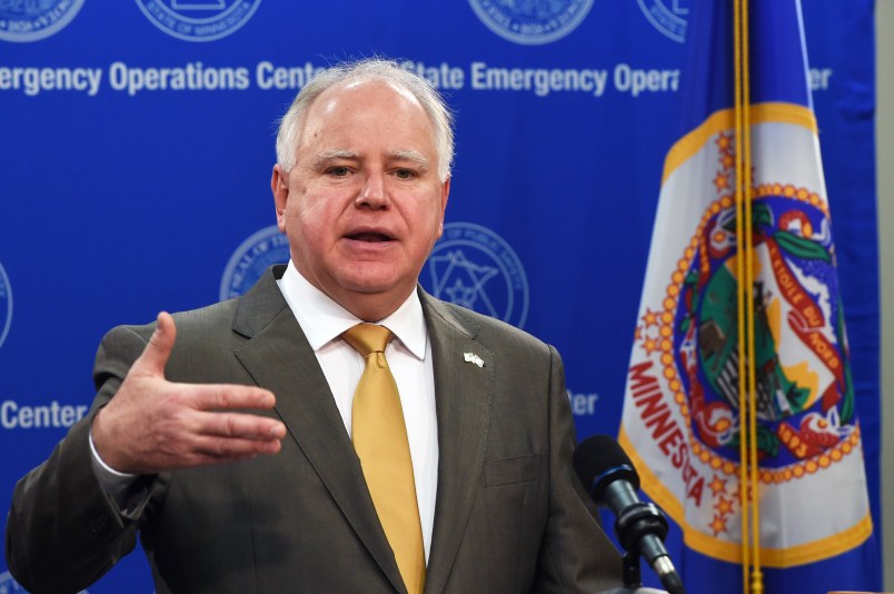 Minnesota Gov. Tim Walz provides an update on the state's response to COVID-19 during a news conference on Monday, April 20, 2020 in St. Paul, Minn. At the news conference, Walz and Ecolab CEO Doug Baker discussed the role of public-private partnerships in MinnesotaÕs fight against COVID-19. (Scott Takushi/ Pioneer Press, Pool)