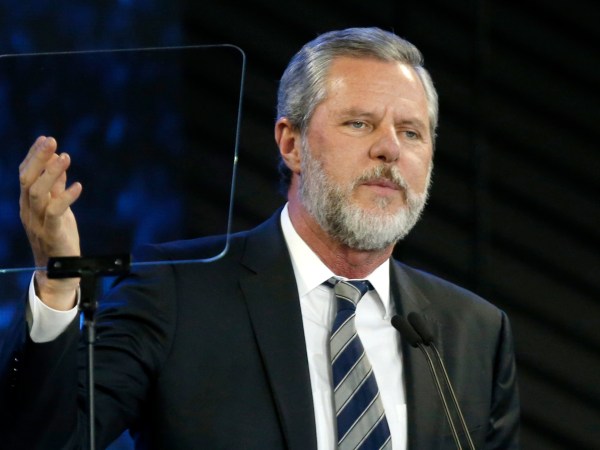 Rev. Jerry Falwell Jr., speaks before a convocation at Liberty University in Lynchburg, Va., Wednesday, Nov. 28, 2018. (AP Photo/Steve Helber)