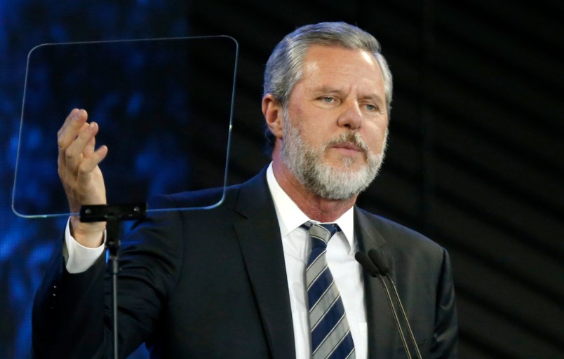 Rev. Jerry Falwell Jr., speaks before a convocation at Liberty University in Lynchburg, Va., Wednesday, Nov. 28, 2018. (AP Photo/Steve Helber)