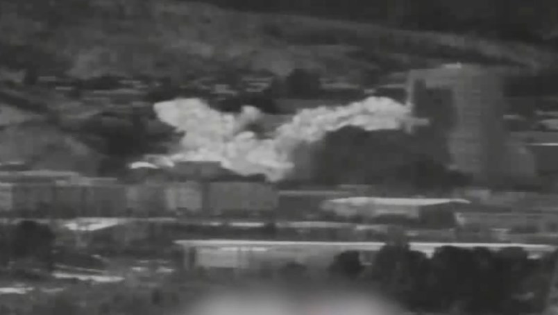 In this photo provided by South Korea Defense Ministry via Yonhap News Agency, an image from a thermal observation device showing the explosion of an inter-Korean liaison office building in North Korea's Kaesong is seen from Paju, South Korea, Tuesday, June 16, 2020. North Korea blew up an inter-Korean liaison office building just inside its border in an act Tuesday that sharply raises tensions on the Korean Peninsula amid deadlocked nuclear diplomacy with the United States.(South Korea Defense Ministry/Yonhap via AP)