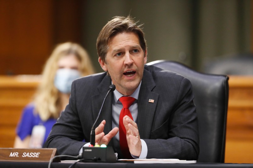 Sen. Ben Sasse, D-Neb., right, speaks during a Senate Intelligence Committee nomination hearing for Rep. John Ratcliffe, R-Texas, on Capitol Hill in Washington, Tuesday, May. 5, 2020. The panel is considering Ratcliffe's nomination for director of national intelligence. (AP Photo/Andrew Harnik, Pool)