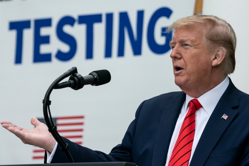 WASHINGTON, DC - MAY 11: U.S. President Donald Trump speaks during a press briefing about coronavirus testing in the Rose Garden of the White House on May 11, 2020 in Washington, DC. Several White House staff members and aides have recently tested positive for the coronavirus and three top health officials from the White House coronavirus task force are now self-quarantining after potential exposure. (Photo by Drew Angerer/Getty Images)