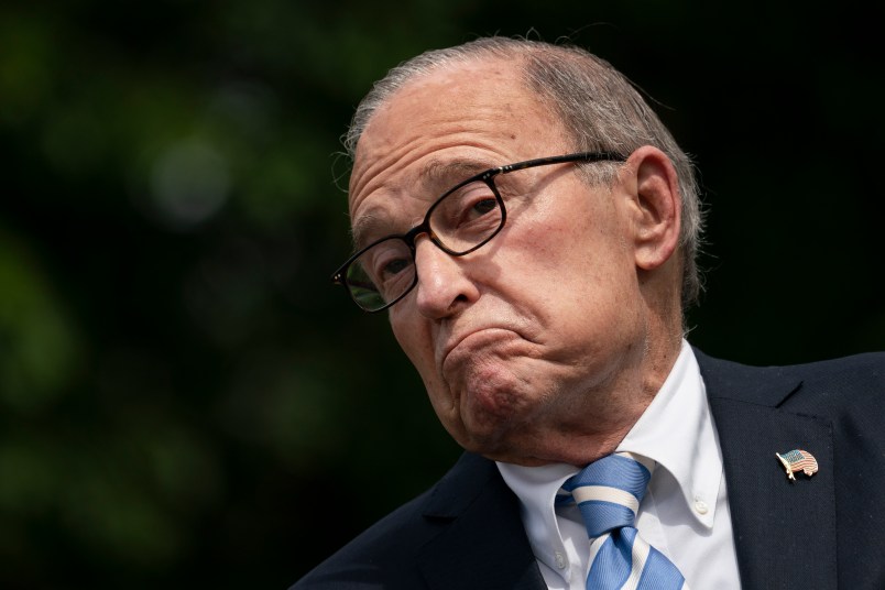 WASHINGTON, DC - MAY 15: Director of the United States National Economic Council Larry Kudlow speaks to reporters outside the West Wing of the White House on May 15, 2020 in Washington, DC.  Kudlow stated that the U.S. economy is essentially still in free fall and argued that the country cannot spend its way out of a pandemic-driven downturn. (Photo by Drew Angerer/Getty Images)