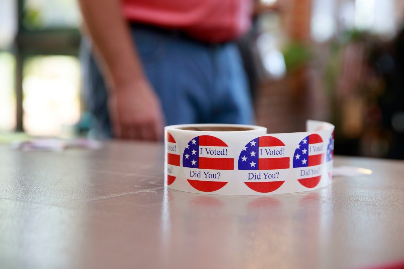 BLOOMINGTON, INDIANA, UNITED STATES - 2020/06/02: "I Voted! Did you?" Stickers for voters at City Hall during Indiana Primary Election Day.Primary Elections take place in Bloomington, Indiana after polls closed at Grandview Elementary School on Indiana Primary Election Day, June 2, 2020. (Photo by Jeremy Hogan/SOPA Images/LightRocket via Getty Images)