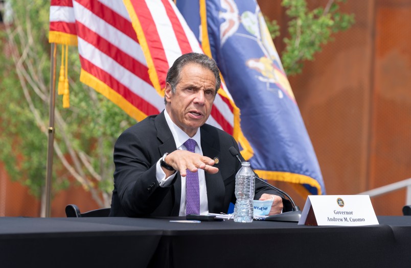 TARRYTOWN, NEW YORK, UNITED STATES - 2020/06/15: Governor Andrew Cuomo holds daily press briefing at the foot of Mario Cuomo Bridge in Tarrytown. Cuomo is opening up a  "shared use path" for pedestrians and bike riders. The path is 3.6 miles long and features 6 scenic overlooks, public art and interactive displays. (Photo by Lev Radin/Pacific Press/LightRocket via Getty Images)