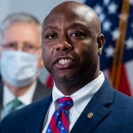 UNITED STATES - JUNE 23: Sen. Tim Scott, R-S.C., right, and Senate Majority Leader Mitch McConnell, R-Ky., conduct a news conference after the Senate Republican Policy luncheon in Hart Building on Tuesday, June 23, 2020. (Photo By Tom Williams/CQ Roll Call/POOL)