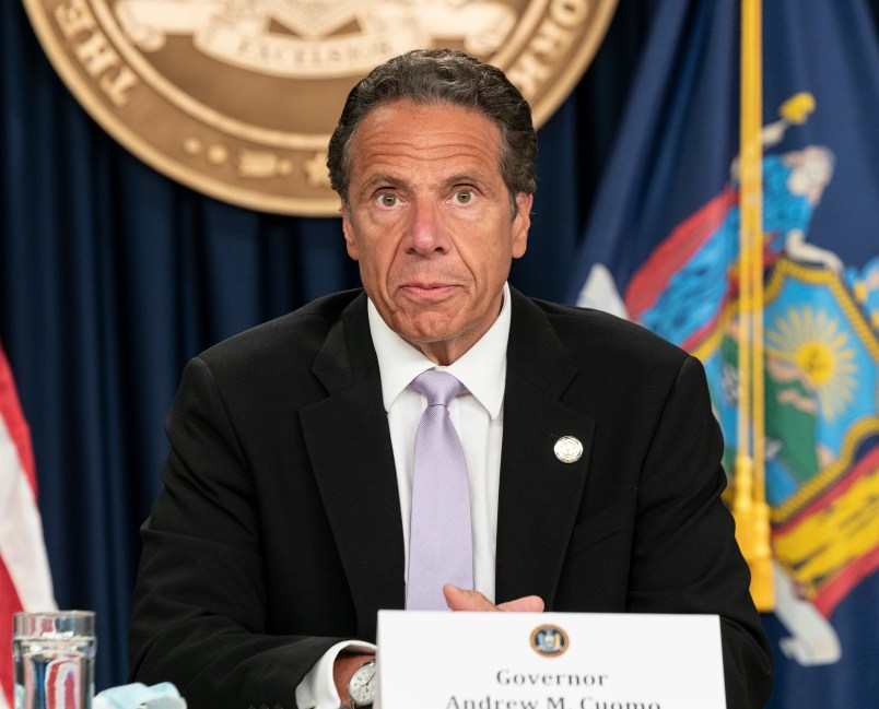 NEW YORK, UNITED STATES - 2020/06/24: Governor Andrew Cuomo makes an announcement and holds media briefing at 3rd Avenue office. New Jersey Governor Phil Murphy and Connecticut Governor Ned Lamont joined Cuomo with announcement of  incoming travel advisory that all individuals traveling from states with significant community spread of COVID-19 quarantine for a 14-day period from the time of last contact within the identified state. This quarantine applies to any person arriving from a state with a positive test rate higher than 10 per 100,000 residents over a 7-day rolling average or a state with a 10% or higher positivity rate over a 7-day rolling average. (Photo by Lev Radin/Pacific Press/LightRocket via Getty Images)