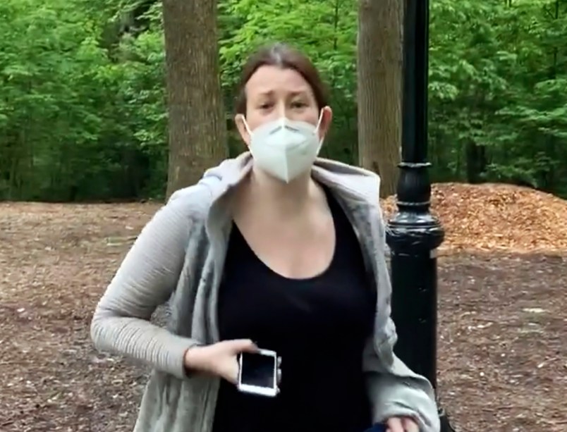 FILE - This file image made from May 25, 2020 video provided by Christian Cooper, shows Amy Cooper with her dog talking to Christian Cooper in Central Park in New York. Amy Cooper, walking her dog who called the police during a videotaped dispute with Christian Cooper, a Black man, was charged Monday, July 6, 2020, with filing a false report. (Christian Cooper via AP, File)