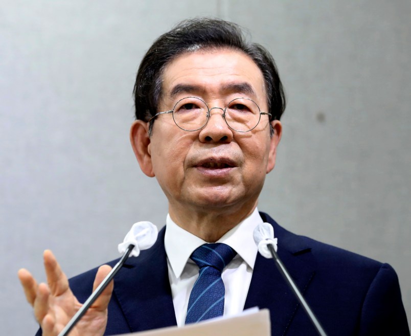 In this on Wednesday, July 8, 2020 photo   Seoul Mayor Park Won-soon speaks during a press conference at Seoul City Hall in Seoul, South Korea. Police on Thursday, July 9, say the mayor of South Korean capital Seoul has been reported missing and search operations are underway. (Cheon Jin-hwan/Newsis via AP)