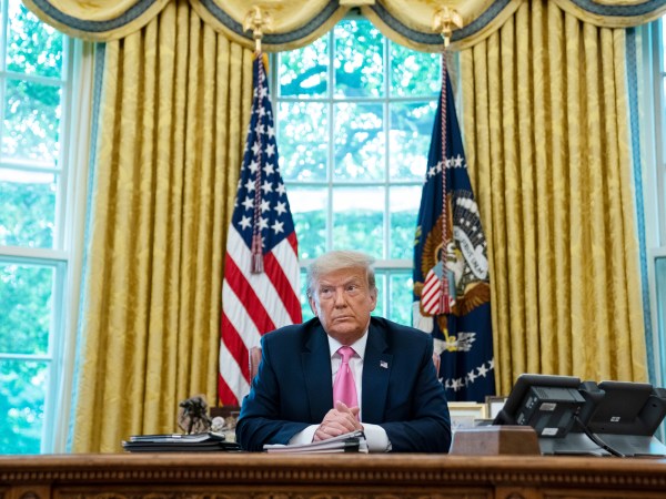 President Donald Trump listens during a meeting with Senate Majority Leader Mitch McConnell of Ky., and House Minority Leader Kevin McCarthy of Calif., in the Oval Office of the White House, Monday, July 20, 2020, in Washington. (AP Photo/Evan Vucci)