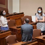 Democratic State Reps, Rep. Jamie Becker-Finn, DFL-Roseville, Rep. Jamie Long, DFL-Minneapolis, and Rep. Liz Olson, DFL-Duluth talked at the start of Monday's special session.       ] GLEN STUBBE • glen.stubbe@startribune.com   Monday, July 20, 2020