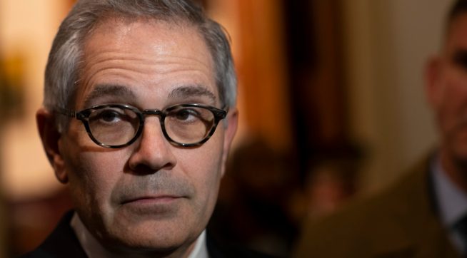 PHILADELPHIA, PA - DECEMBER 30:   Philadelphia District Attorney Larry Krasner addresses the media after a press conference announcing Danielle Outlaw as the new Police Commissioner on December 30, 2019 in Philadelphia, Pennsylvania. Outlaw, Philadelphia's first black female police commissioner, was previously the police chief in Portland, OR.  (Photo by Mark Makela/Getty Images)