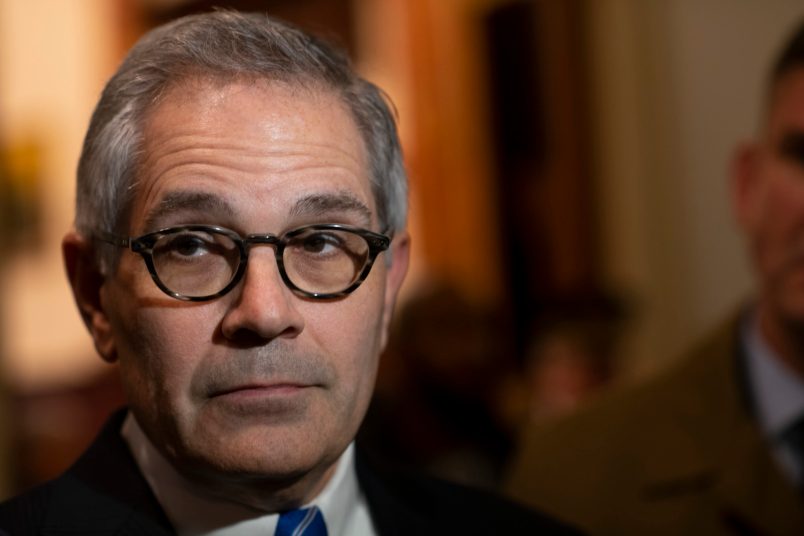 PHILADELPHIA, PA - DECEMBER 30:   Philadelphia District Attorney Larry Krasner addresses the media after a press conference announcing Danielle Outlaw as the new Police Commissioner on December 30, 2019 in Philadelphia, Pennsylvania. Outlaw, Philadelphia's first black female police commissioner, was previously the police chief in Portland, OR.  (Photo by Mark Makela/Getty Images)