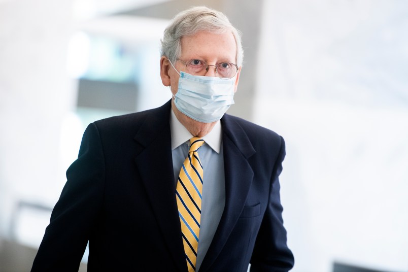 UNITED STATES - MAY 13: Senate Majority Leader Mitch McConnell, R-Ky., arrives for the Senate Republican luncheon in Hart Building on Wednesday, May 13, 2020. (Photo By Tom Williams/CQ Roll Call)