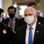 WASHINGTON, DC - MAY 18: Vice President Mike Pence wears a mask as he departs the office of Senate Majority Leader Mitch McConnell after meeting with him at the U.S. Capitol on May 18, 2020 in Washington, DC. President Trump is scheduled to attend a luncheon this afternoon with Senate Republicans. (Photo by Drew Angerer/Getty Images)