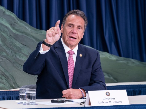 NEW YORK, UNITED STATES - 2020/06/29: NYS Governor Andrew Cuomo makes an announcement and holds media briefing at 3rd Avenue office. Cuomo unveiled green topographic sculpture model of COVID-19 hospitalization curve from day 1 till day 111. This is the mountain that New Yorkers climbed before the hospitalization curve plateaued after 42 days he said during briefing. (Photo by Lev Radin/Pacific Press/LightRocket via Getty Images)