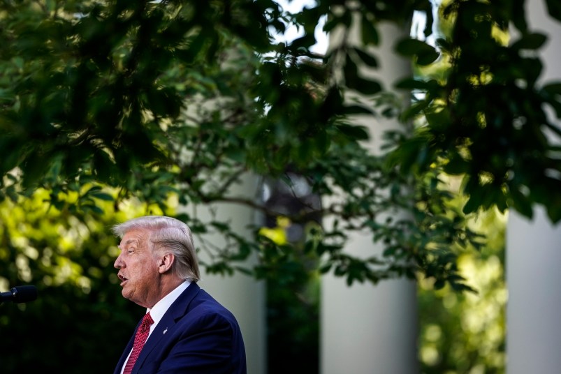 WASHINGTON, DC - JULY 14: U.S. President Donald Trump speaks to the press in the Rose Garden at the White House on July 14, 2020 in Washington, DC. President Trump spoke on several topics including Democratic presidential candidate Joe Biden, the stock market and relations with China as the coronavirus continues to spread in the U.S., with nearly 3.4 million confirmed cases. (Photo by Drew Angerer/Getty Images)