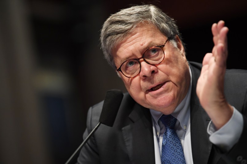 WASHINGTON, D.C.- JULY 28, 2020:  Attorney General William Barr appears before the House Judiciary Committee on Capitol Hill in Washington D.C. on July 28, 2020. The committee was interested in learning why federal law enforcement officers were sent to cities where protests were held, among other issues. (Matt McClain/The Washington Post/POOL)