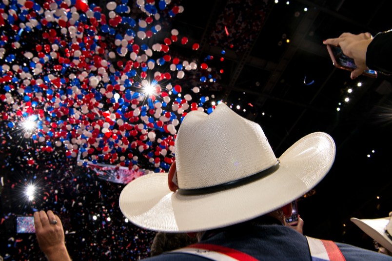 CLEVELAND, OHIO - JULY 21: Texas GOP delegates look to the ceiling of the Quicken Loans arena as balloons drop on the last day of the Republican National Convention on July 21, 2016 in Cleveland, Ohio. Photo by Ann Hermes/The Christian Science Monitor