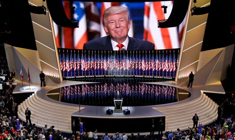 Republican presidential candidate Donald Trump smiles as he addresses delegates during the final day session of the Republican National Convention in Cleveland, Thursday, July 21, 2016. (AP Photo/Patrick Semansky)