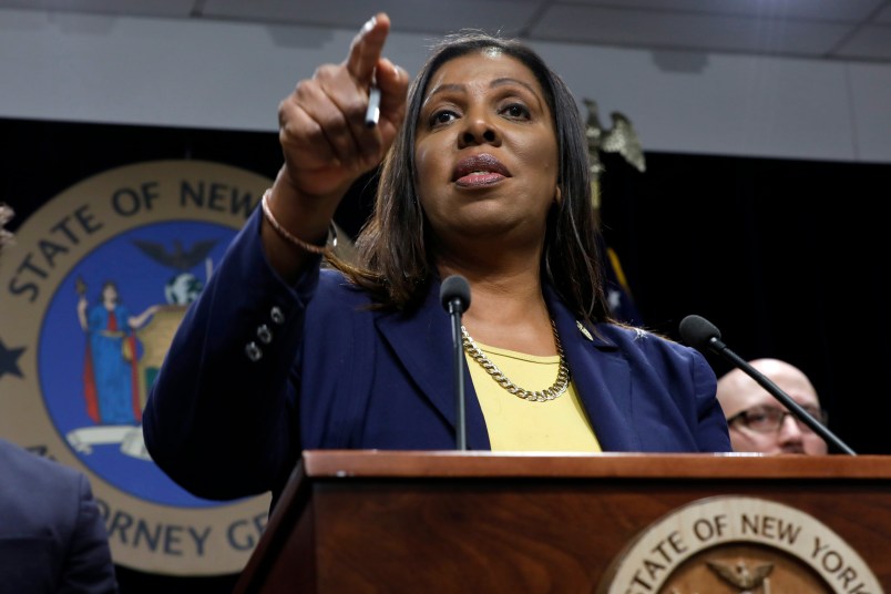 FILE- In this Nov. 19, 2019 file photo, New York State Attorney General Letitia James speaks during a news conference at her office in New York. James leads a coalition of states, counties and cities that filed a federal lawsuit against President Donald Trump on Friday, July 24, 2020, over his executive order that would not include people in the U.S. illegally in how congressional districts are redrawn. AP Photo/Richard Drew, File)