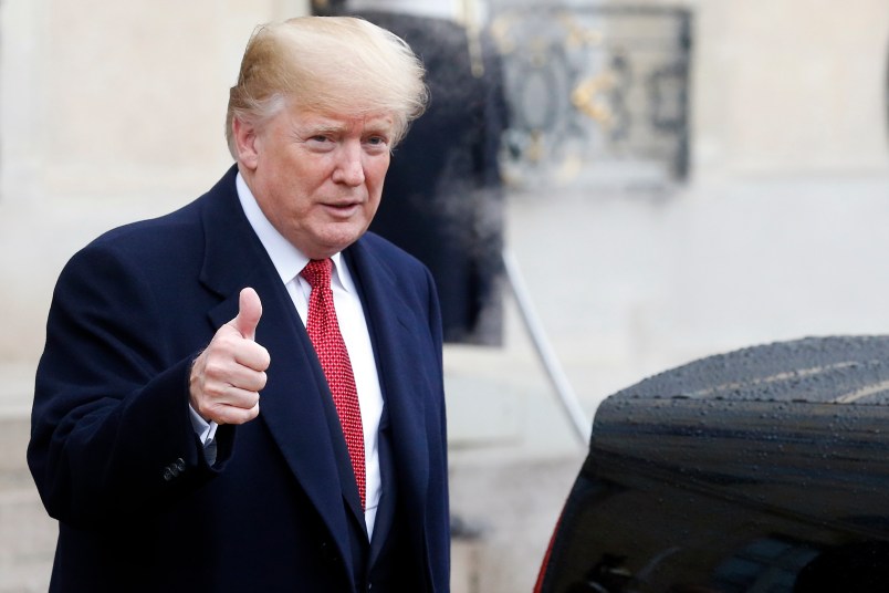 PARIS, FRANCE - NOVEMBER 10:  U.S. President Donald Trump leaves the Elysee Presidential Palace after his lunch with French President Emmanuel Macron and his wife Brigitte Macron on November 10, 2018 in Paris, France. President Trump is in Paris to participate in the international ceremony of the Armistice Centenary of 1918 at the Arc de Triomphe on November 11, 2018. Heads of State from around the world meet in Paris to commemorate the end of the first World War (WWI).  (Photo by Chesnot/Getty Images) *** Local Caption *** Donald Trump