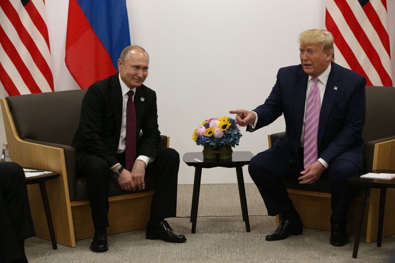 OSAKA, JAPAN - JUNE,28 (RUSSIA OUT) U.S. President Donald Trump (R) and Russian President Vladimir Putin (L) attend their bilateral meeting at the G20 Osaka Summit 2019, in Osaka, Japan, June,28,2019. Vladimir Putin has arrived to Japan to partcipate the G20 Osaka Summit and to meet U.S.President Donald Trump.  Photo by Mikhail Svetlov/Getty Images