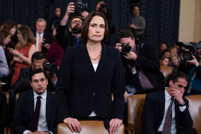 UNITED STATES - NOVEMBER 21: Fiona Hill, former National Security Council Russia adviser, arrives back from a break in the House Intelligence Committee hearing on the impeachment inquiry of President Trump in Longworth Building on Thursday, November 21, 2019. David Holmes, counselor for political affairs at the U.S. Embassy in Ukraine, also testified. (Photo By Tom Williams/CQ Roll Call)