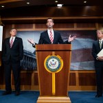 UNITED STATES - JULY 1: From left, Sens. Steve Daines, R-Mont., Tom Cotton, R-Ark., and Lindsey Graham, R-S.C., conduct a news conference to voice their opposition to D.C. statehood in Capitol on Wednesday, July 1, 2020. (Photo By Tom Williams/CQ Roll Call)