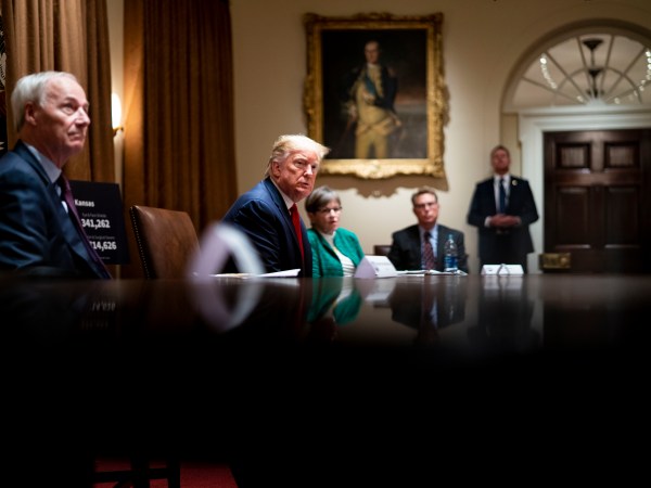 NYTVIRUS -  President Donald Trump makes remarks as he attends a meeting with the Arkansas Governor Asa Hutchinson and Kansas Governor Laura Kelly in the Cabinet Room of the White House, Wednesday, May 20, 2020.  ( Photo by Doug Mills/The New York Times)