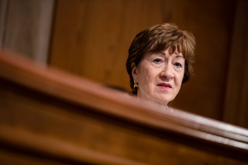 WASHINGTON, DC - JULY 21: Chairwoman Senator Susan Collins (R-ME) speaks during a Senate Special Committee of Aging hearing on “The COVID-19 Pandemic and Seniors: A Look at Racial Health Disparities” at the US Capitol on July 21, 2020 in Washington, DC. The committee is looking into the data that has been showing that communities of color have been disproportionately negatively affected by the spread of the coronavirus when compared to the caucasian population in the United States. (Photo by Samuel Corum/Getty Images) *** Local Caption *** Susan Collins