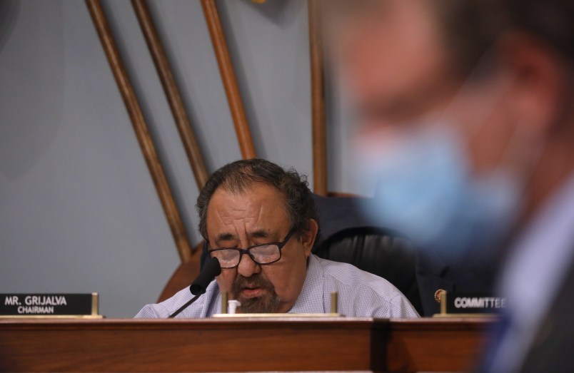 Chairman Raœl M. Grijalva (D-AZ) gives an opening statement at a House Natural Resources Committee hearing on the US Park Police's June 1 confrontation with protesters at Lafayette Square on Capitol Hill in Washington, U.S., July 28, 2020. REUTERS/Leah Millis/Pool