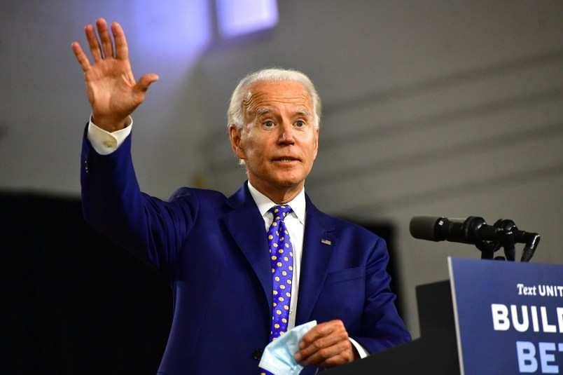 WILMINGTON, DE - JULY 28:  Presumptive Democratic presidential nominee former Vice President Joe Biden delivers a speech at the William “Hicks” Anderson Community Center, on July 28, 2020 in Wilmington, Delaware. Biden addressed the fourth component of his “Build Back Better” economic recovery plan for working families, how his plan will address systemic racism and advance racial economic equity in the United States.  (Photo by Mark Makela/Getty Images)