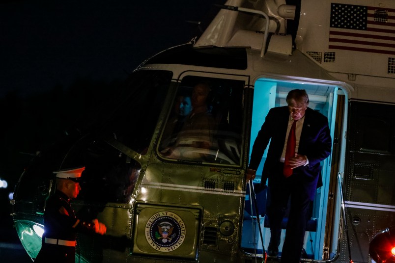 WASHINGTON, DC - AUGUST 09: President Donald Trump arrives at the White House in Marine One on August 9, 2020 in Washington, DC. The President spent the weekend at his property in New Jersey where he attended multiple campaign and fund raising events. (Photo by Samuel Corum/Getty Images)