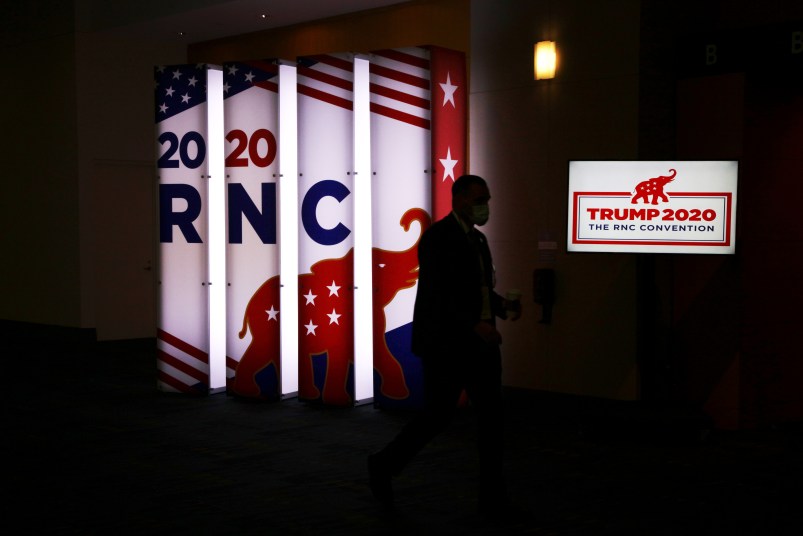 NYTRNC20An RNC sign glows outside the Charlotte Convention Center’s Richardson Ballroom in Charlotte, NC where delegates gather for the roll call vote to renominate Donald J. Trump to be President of the United States and Mike Pence to be Vice President.(Travis Dove for The New York Times)