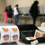 LAWRENCEVILLE, GA  - NOVEMBER 08: Stickers are ready to be handed out to voters at the Gwinnett County Fairgrounds on November 8, 2016 in Lawrenceville, Georgia. (Photo by Jessica McGowan/Getty Images)