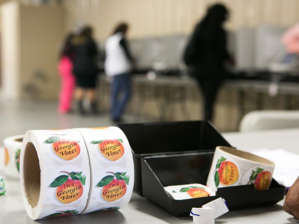 LAWRENCEVILLE, GA  - NOVEMBER 08: Stickers are ready to be handed out to voters at the Gwinnett County Fairgrounds on November 8, 2016 in Lawrenceville, Georgia. (Photo by Jessica McGowan/Getty Images)