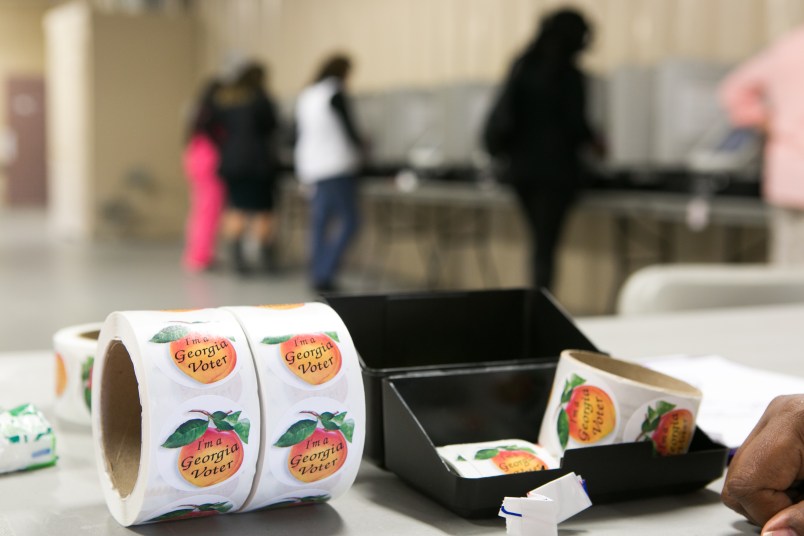 LAWRENCEVILLE, GA  - NOVEMBER 08: Stickers are ready to be handed out to voters at the Gwinnett County Fairgrounds on November 8, 2016 in Lawrenceville, Georgia. (Photo by Jessica McGowan/Getty Images)