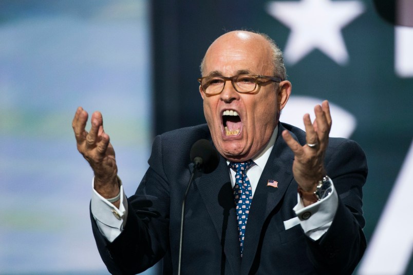 CLEVELAND, OH - JULY 18: Former New York City Mayor Rudy Giuliani delivers a speech on the first day of the Republican National Convention on July 18, 2016 at the Quicken Loans Arena in Cleveland, Ohio. An estimated 50,000 people are expected in Cleveland, including hundreds of protesters and members of the media.  (Photo by Brooks Kraft?Getty Images)