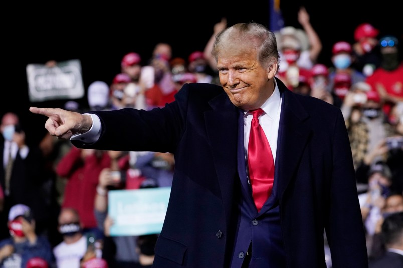 President Donald Trump wraps up his speech at a campaign rally at Fayetteville Regional Airport, Saturday, Sept. 19, 2020, in Fayetteville, N.C.  (AP Photo/Evan Vucci