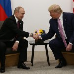 OSAKA, JAPAN - JUNE,28 (RUSSIA OUT) U.S. President Donald Trump (R) and Russian President Vladimir Putin (L) attend their bilateral meeting at the G20 Osaka Summit 2019, in Osaka, Japan, June,28,2019. Vladimir Putin has arrived to Japan to partcipate the G20 Osaka Summit and to meet U.S.President Donald Trump.  Photo by Mikhail Svetlov/Getty Images