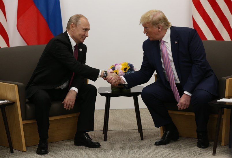 OSAKA, JAPAN - JUNE,28 (RUSSIA OUT) U.S. President Donald Trump (R) and Russian President Vladimir Putin (L) attend their bilateral meeting at the G20 Osaka Summit 2019, in Osaka, Japan, June,28,2019. Vladimir Putin has arrived to Japan to partcipate the G20 Osaka Summit and to meet U.S.President Donald Trump.  Photo by Mikhail Svetlov/Getty Images