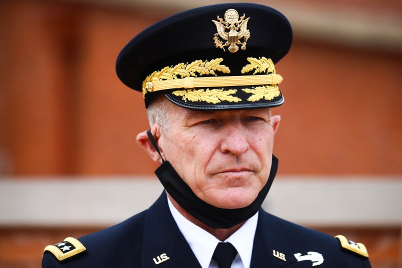 Gen. James McConville, the Chief of Staff of the US Army, attends a ceremony at the Kosciuszko Mound in Krakow, Poland, on August 4, 2020. The U.S. Army Chief of Staff announced today that V Corps Headquarters (Forward) will be located in Poland. (Photo by Beata Zawrzel/NurPhoto)