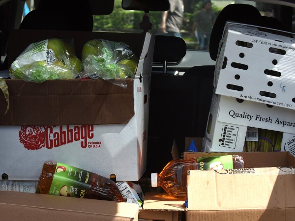 Boxes of food aid from the Second Harvest Food Bank of Central Florida are seen in the back of a car at a drive through food distribution event for the needy at Church in the Son on August 7, 2020 in Orlando, Florida. Food Banks in the Orlando area are bracing for a spike in demand as the $600 weekly enhanced unemployment benefits that the jobless have been receiving from the federal government expired at the end of July.  (Photo by Paul Hennessy/NurPhoto)