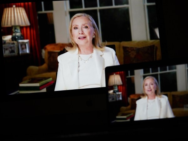 WASHINGTON, D.C., Aug. 20, 2020 -- Images of former U.S. Secretary of State Hillary Clinton speaking in a video feed of the 2020 Democratic National Convention are displayed on screens in Arlington, Virginia, the United States, on Aug. 19, 2020. (Photo by Liu Jie/Xinhua via Getty)
