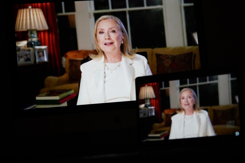 WASHINGTON, D.C., Aug. 20, 2020 -- Images of former U.S. Secretary of State Hillary Clinton speaking in a video feed of the 2020 Democratic National Convention are displayed on screens in Arlington, Virginia, the United States, on Aug. 19, 2020. (Photo by Liu Jie/Xinhua via Getty)