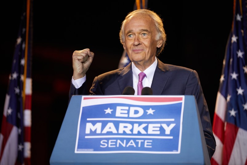 MALDEN, MA - SEPTEMBER 01: Sen. Ed Markey (D-MA) speaks at a primary election night event at Malden Public Library on September 1, 2020 in Malden, Massachusetts. Sen. Markey won the primary race over challenger Rep. Joe Kennedy III (D-MA) for the Democratic nomination for the U.S. Senate seat. (Photo by Allison Dinner/Getty Images)